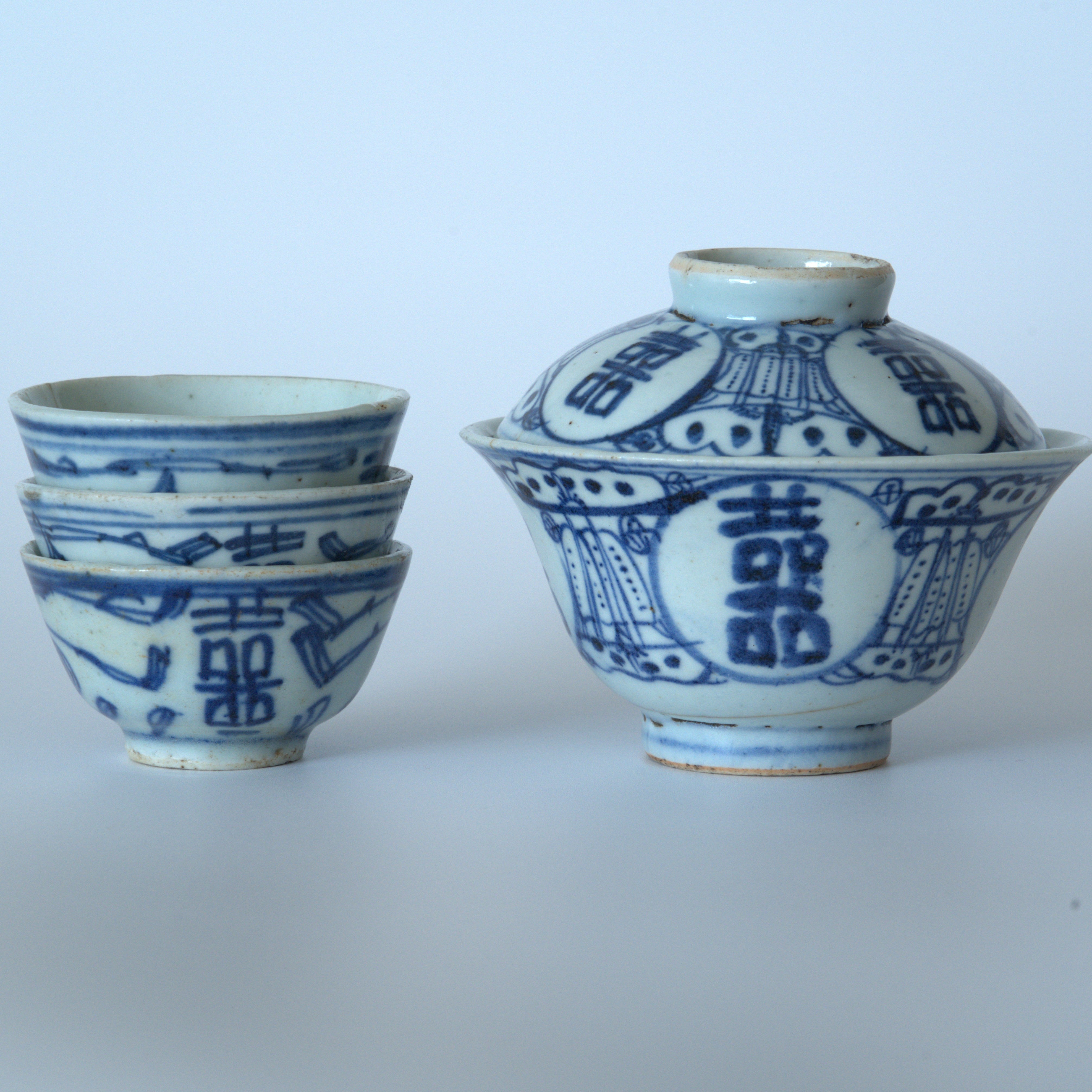 青花双喜文茶杯3個セット