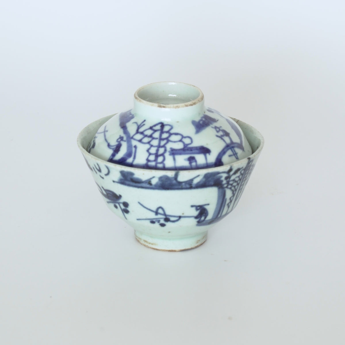 青花山水人物蓋碗