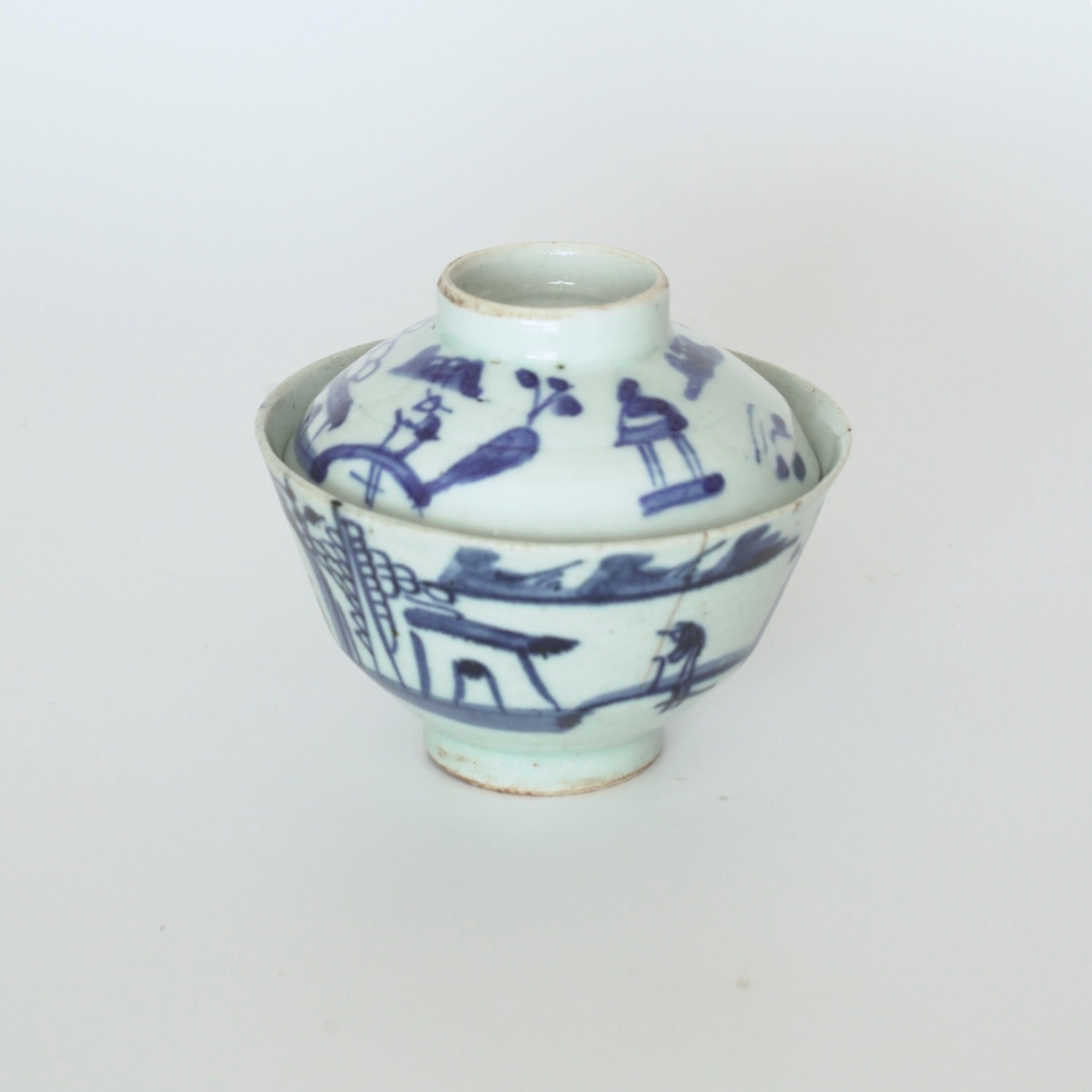 青花山水人物蓋碗