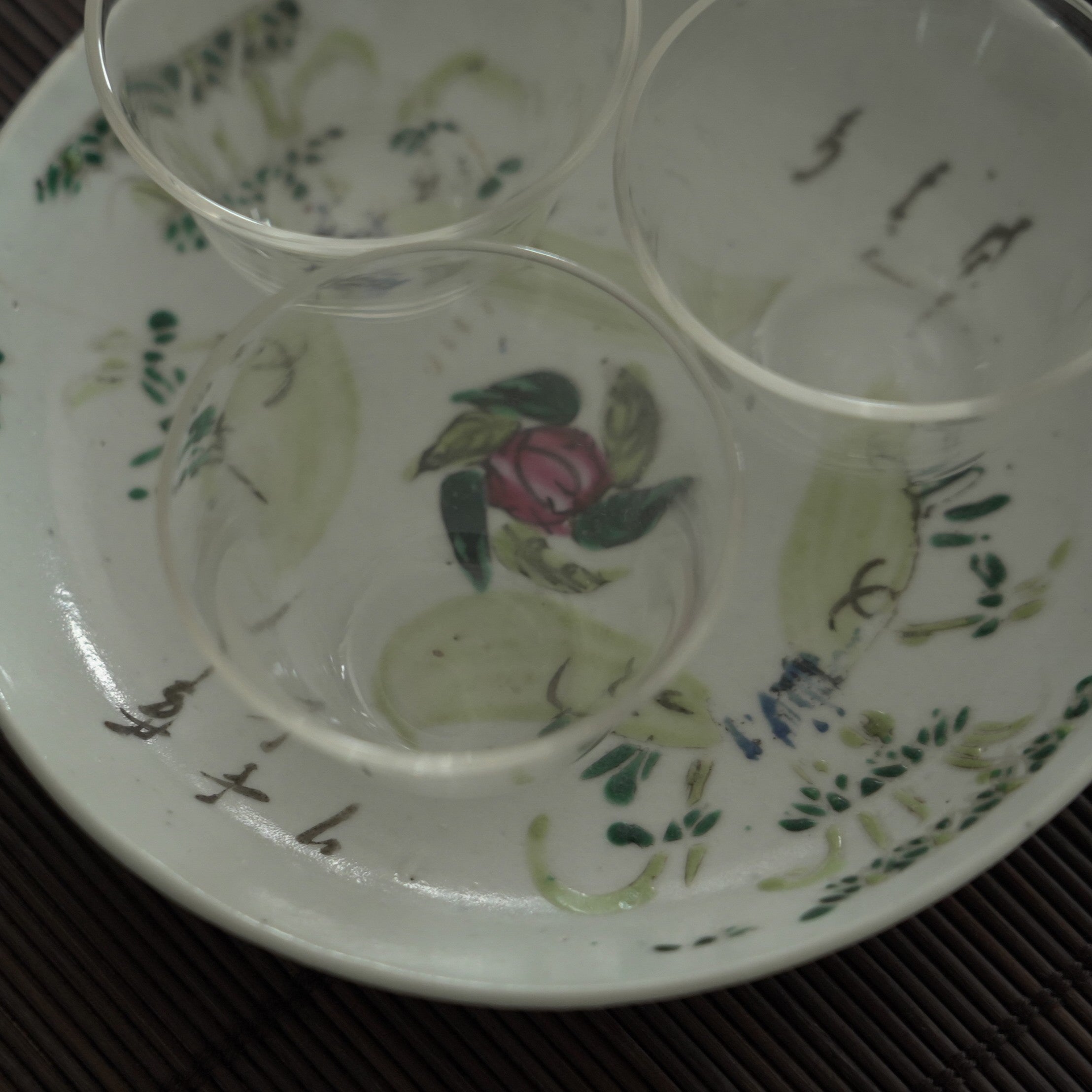 粉彩竹詩文皿③