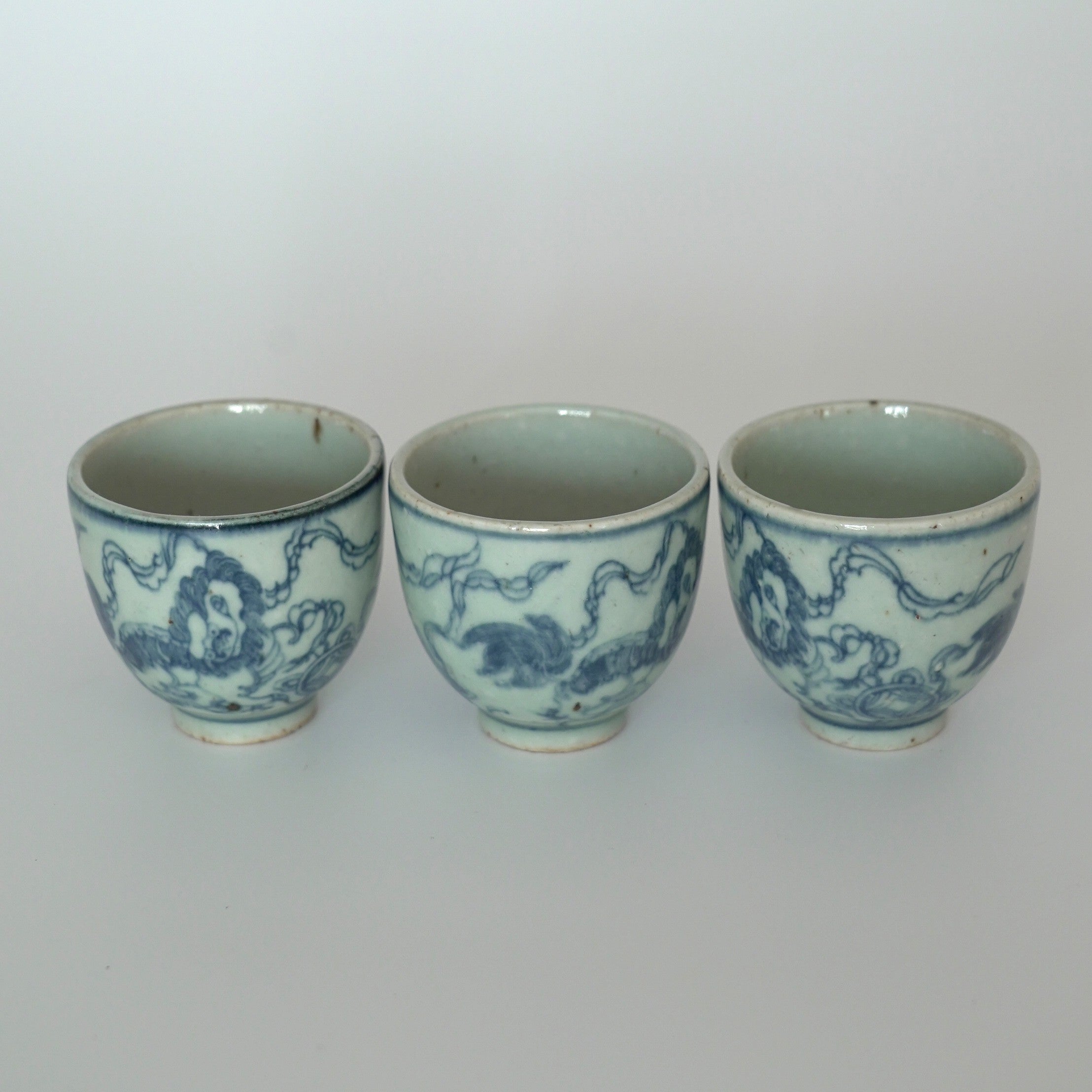【蚤の市】青花七宝獅子文茶杯3個セット